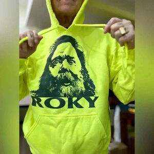 Roky Erickson hand printed repurposed neon yellow hoodie